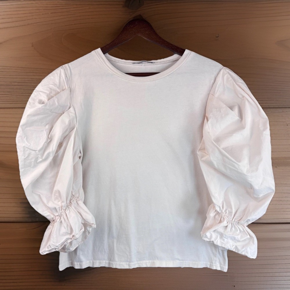 Puffed Sleeve Cotton Top S Pale Pink Mixed Fabric Coquette Feminine Romantic